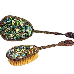 Antique Chinese Export Ronde Bosse Enamel Handmirror and Brush Set Bronze 1920s Vintage Vanity Victorian Boudoir