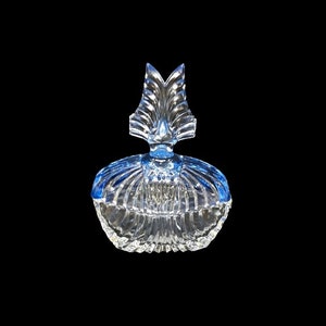 Antique Paden City Powder Puff Box Vanity Jar Art Deco 1930s Clear Glass Winged Blue Glass Lid