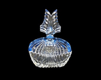 Antique Paden City Powder Puff Box Vanity Jar Art Deco 1930s Clear Glass Winged Blue Glass Lid