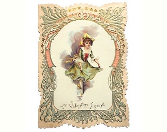 Antique Victorian Valentine Card Embossed Paper Romantic Single Fold