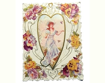 Antique Victorian Valentine Card Embossed Paper Romantic Single Fold