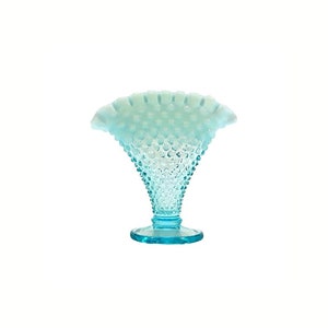 Vintage Fenton Blue Opalescent Glass Hobnail Fan Vase Ruffled Rim