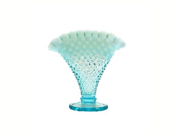 Vintage Fenton Blue Opalescent Glass Hobnail Fan Vase Ruffled Rim