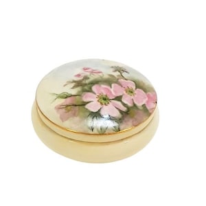 Antique Powder Trinket Box Hand Painted Pink Wild Roses Victorian Vintage Vanity Shabby Cottage Boudoir