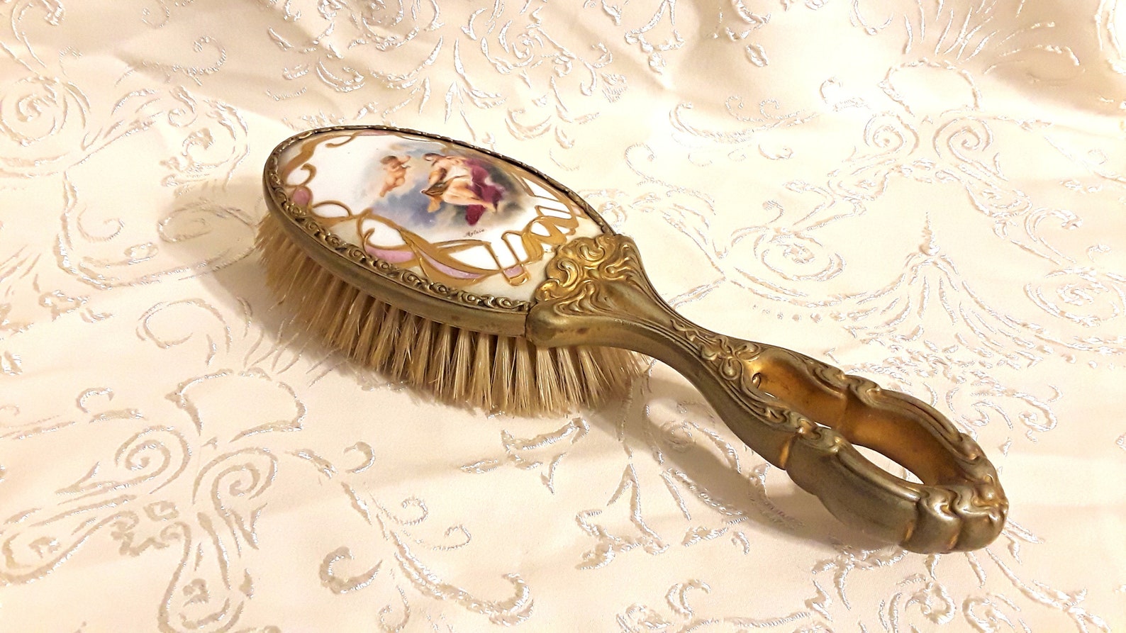 Antique Victorian Porcelain Hair Brush 8.5 Art Nouveau Aglaia Cupid