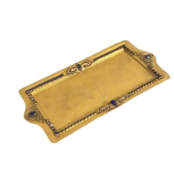 Antique Jeweled Vanity Tray Silvercraft 1920s Rectangular Blue Jewels Ormolu Filigree Vintage Art Deco Boudoir