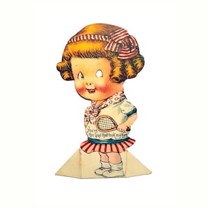 Ancienne carte de la Saint-Valentin, figurine mignonne des années 20, fille debout, raquette de tennis Grace Drayton, style