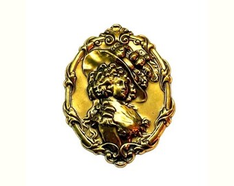 Vintage Brass Jewelry Finding Stamping Large Cameo Victorian Lady Wearing Hat Edwardian for Brooch Pin