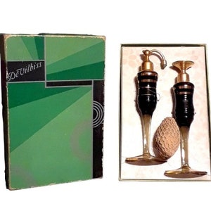Antique DeVilbiss Perfume Atomizer Set, Art Deco Black & Gold Enamel, 1930s