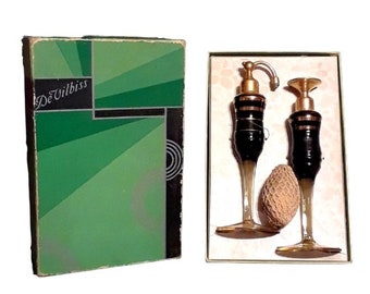 Antique DeVilbiss Perfume Atomizer Set, Art Deco Black & Gold Enamel, 1930s