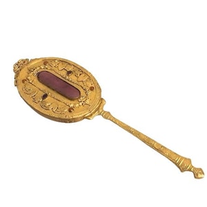 Antique Jeweled Hand Mirror Ormolu  Purple Guilloche Enamel 1920s Filigree E & JB Vintage Vanity Art Deco  Boudoir