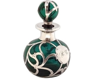 Antique Victorian Alvin Sterling Silver Overlay Green Glass Perfume Art Nouveau Scent Bottle Round Shape