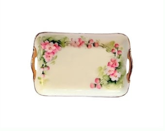 Antique Hand Painted Porcelain Small Pin Tray Dish Victorian Vintage Vanity Boudoir Pink Roses