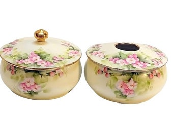 Antique Hand Painted Porcelain Powder Box Jar Hair Receiver Set Victorian Vintage Vanity Boudoir