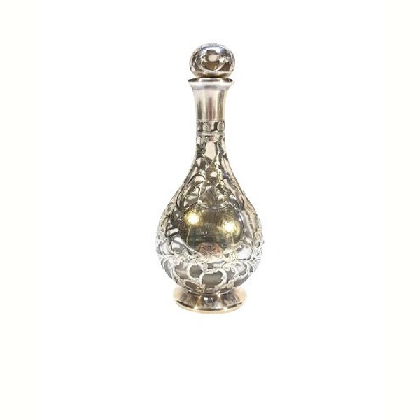 Antique Victorian Bailey Banks Biddle Sterling Silver Overlay Glass Perfume Art Nouveau Scent Bottle