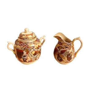 Antique Meiji Satsuma Creamer and Sugar Bowl Set Polychrome Hand Painted Moriage