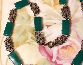 Antique Brass and Glass Czech Necklace Art Deco Jade Green Peking Filigree Links