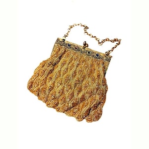 Antique Beaded Purse Yellow Beads 1920s Swag Flapper Vintage Bag Jeweled Filigree Frame Chain Handle Ladies Handbag