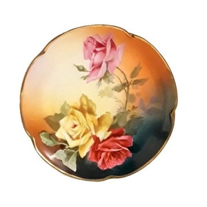 Antique JC Bavaria Cabinet Plate 8.5" Hand Painted Porcelain Victorian Red Yellow Pink Roses Shabby Cottage