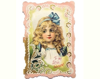 Antique Victorian Valentine Card Embossed Paper Romantic Single Fold