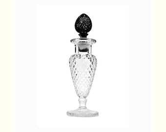 Antique New Martinsville Perfume Bottle Clear Diamond Pattern and Black Stopper Art Deco 1920s 1930s