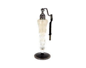 Antique Devilbiss Atomizer Perfume Bottle Art Deco 1920s Clear Etched Glass Chrome Hardware Black Foot