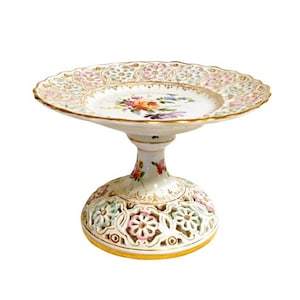 Antique Dresden Carl Thieme Tazza Meissen German Hand Painted Flowers Gilded Reticulated Compote Calling Card Stand