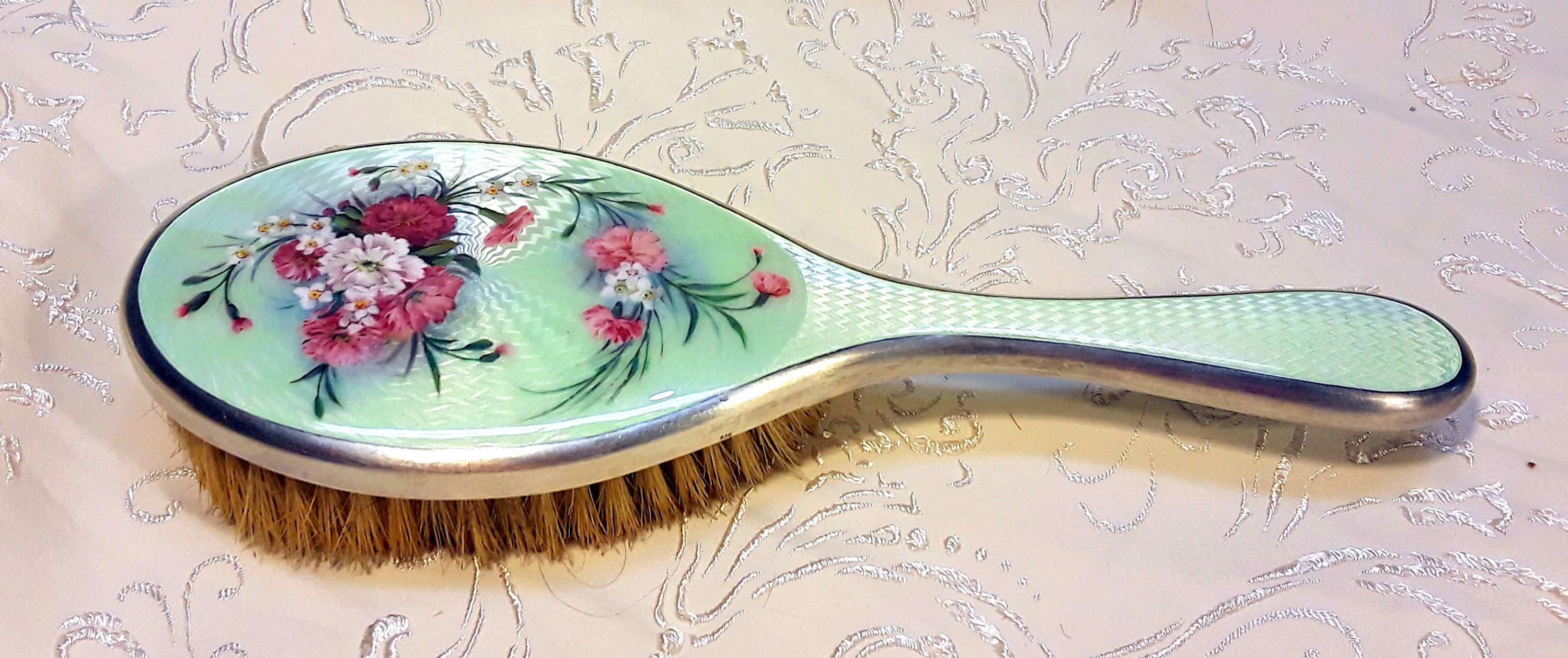 Antique 1920s Guilloche Enamel Hair Brush, 935 Sterling  display picture 1