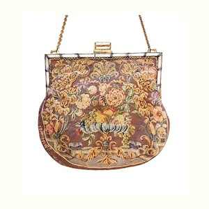 Antique French Petitpoint Purse Victorian 1920s Embroidered Vintage Bag Chain Handle Ladies Handbag