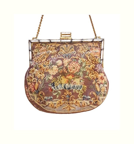Antique French Petitpoint Purse Victorian 1920s Embroidered