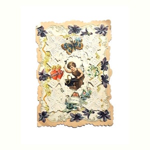 Antigo cartão vitoriano de dia dos namorados, recortes de papel, renda, violetas românticas