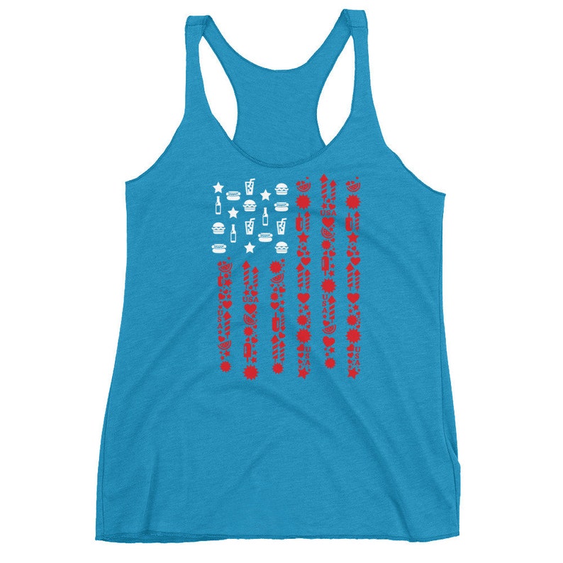 May include: A turquoise racerback tank top featuring a stylized American flag design. The flag's stars and stripes are composed of red and white icons of food and drink, including burgers, drinks, and fireworks.