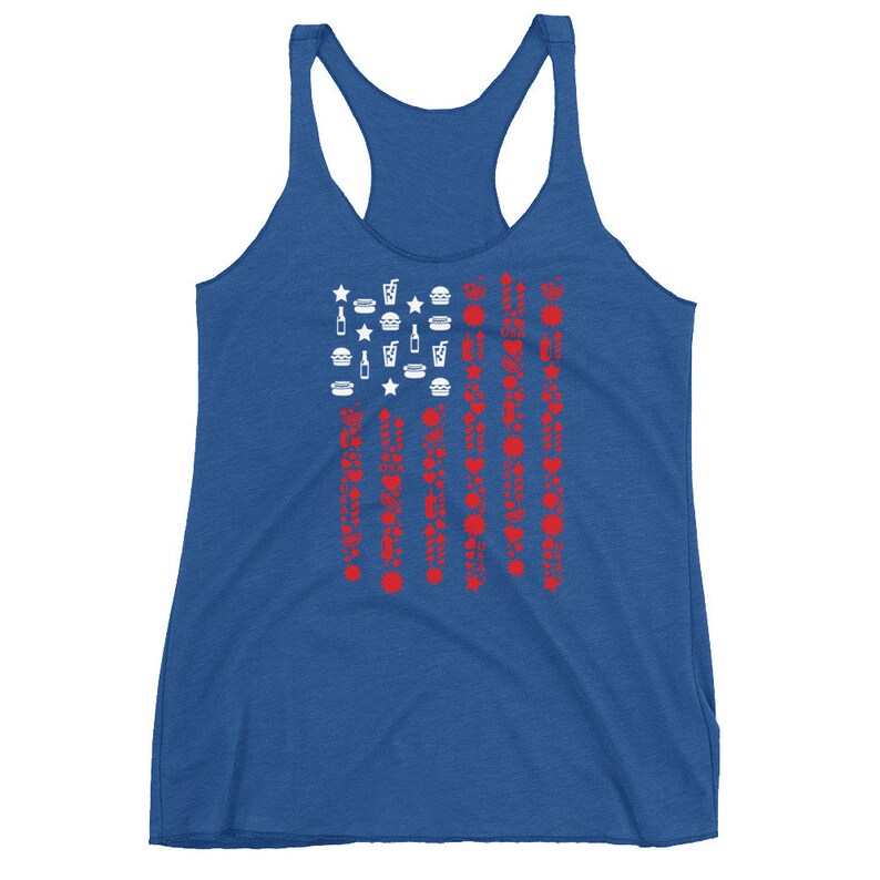 May include: Blue racerback tank top with a graphic of the American flag. The flag design features white icons of food and drinks in the stars and stripes, including burgers, drinks, and stars. The stripes are made of red icons.