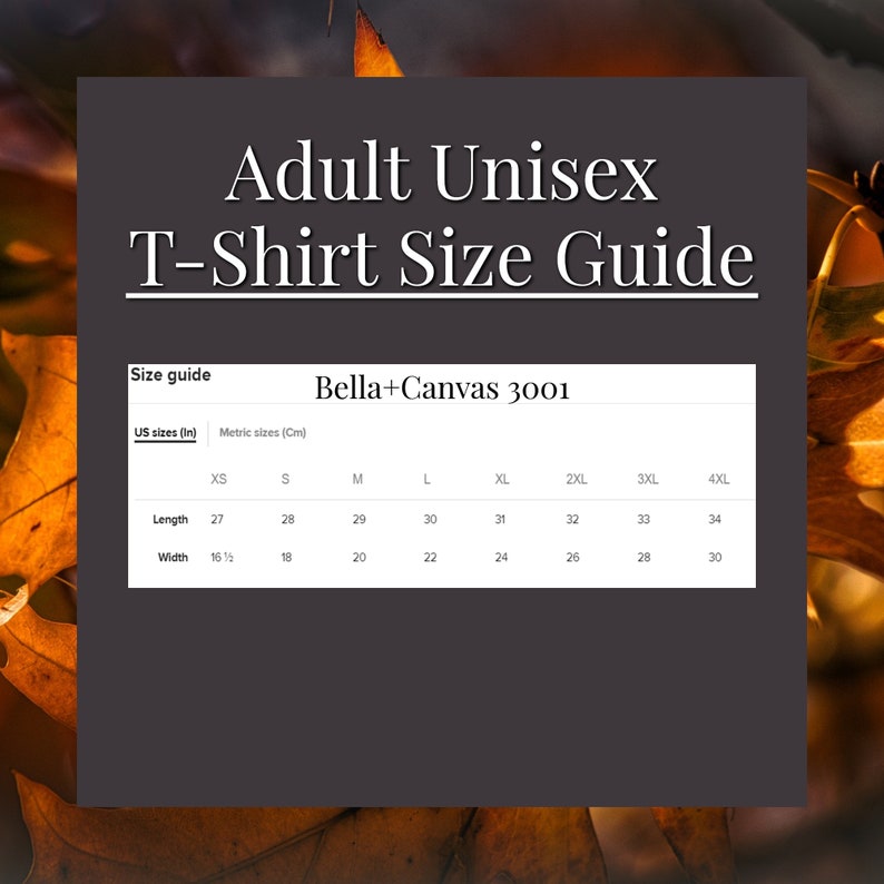May include: A size guide for adult unisex t-shirts. The guide includes measurements in inches for length and width, ranging from XS to 4XL. The brand is Bella+Canvas 3001.