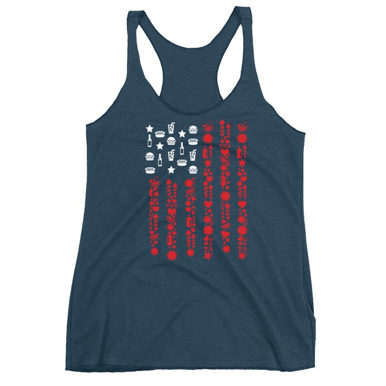 May include: A navy blue tank top with a white and red graphic design resembling the American flag. The flag design is composed of various icons, including stars, burgers, fireworks, and hearts. The tank top has a racerback style.