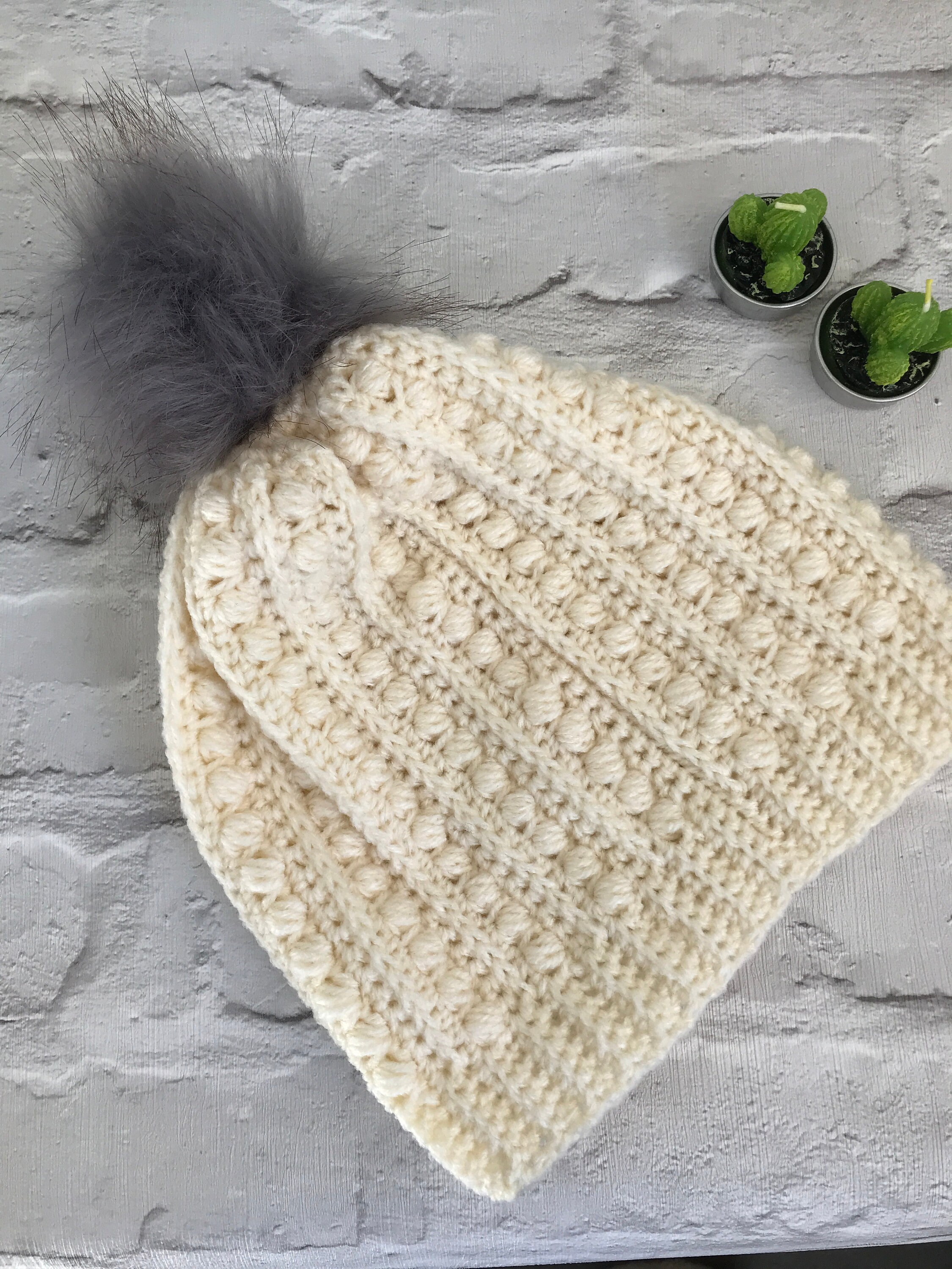 Cream Fake Fur Pom Pom Slouch Hat Faux 