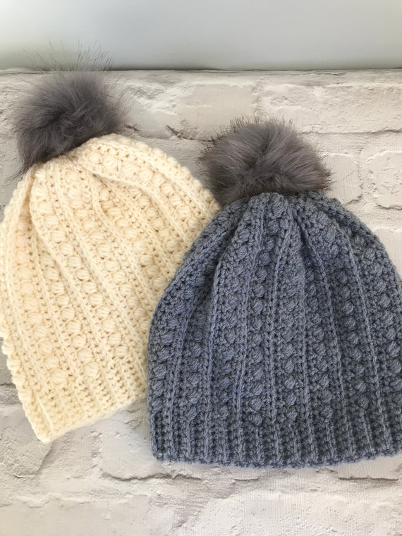 Cream Fake Fur Pom Pom Slouch Hat Faux 