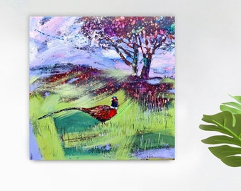 Summer landscape 16" Original Oak painting / Oil tree canvas / Purple sky & Brown field / Impasto large tree Wall art by Calina Lefter