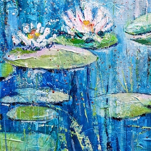 Lotus Painting - Original Water Lily Impasto Art, Botanical Zen Landscape
