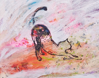 May include: Abstract painting of a black cat stretching on a colorful background. The cat is outlined in black and has a white belly. The background is a mix of pink, orange, yellow, green, and blue.