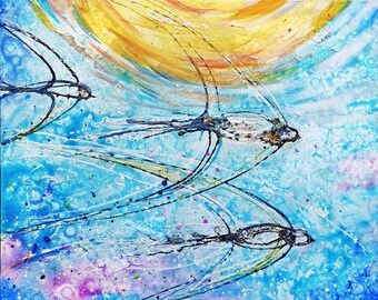 Bird, swallows, original signed oil artwork, golondrina on canvas, Blue sky, Living Room blue skyscape decor, wall Art by Calina Lefter
