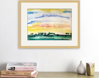 Sunset painting 12" / Watercolour yellow sky / landscape on paper/  skyline Aquarelle / Green Nature / Wall art for home decoration