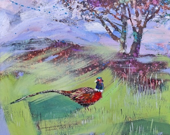 Pintura de paisaje de roble, cielo púrpura, óleo sobre lienzo, 40,6 cm