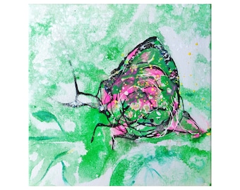 Butterfly Painting on Canvas: Green Abstract Acrylic Wall Art