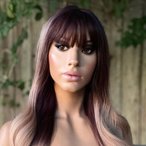 ash brown ombré wig with bangs, balayage wig 18”