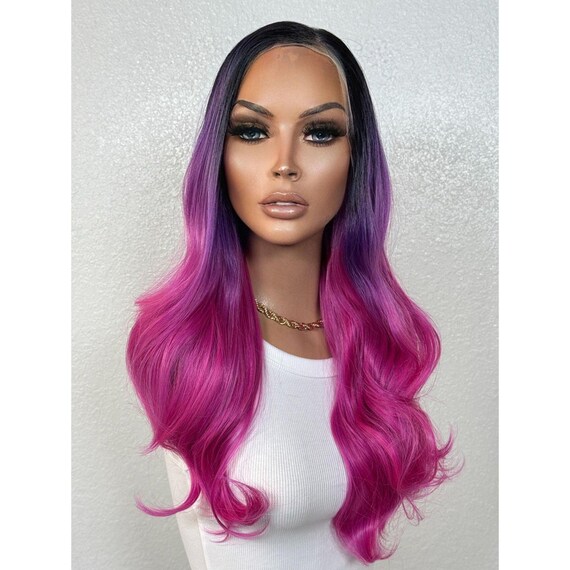 Bright Fuchsia Pink Purple Rain Balayage Lace Front Wig  display picture 1