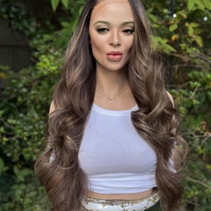 Chocolate Brown Wig Human Hair Blend Pecan Swirl Blonde Highlights Wavy 13x4 Free Part HD Invisible Lace Front 24”
