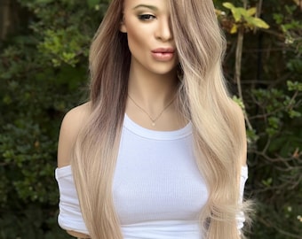 Peluca frontal de encaje de mezcla de cabello humano CHEATING HEART / Rubio vainilla veraniego / Parte superior de encaje anudada a mano
