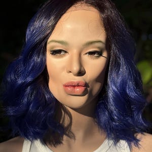 GALAXY Rooty Blue Ombre Wig, Lace Front, 13x6 Hand-Tied, Human Hair Blend, 10" Bixie Haircut