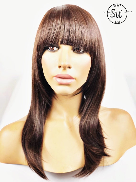 Chocolate Brown Brunette Full Fringe Bang Long Bob Wig Etsy